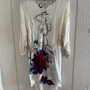 Elegant Floral Midi Dress - Cream and Blue